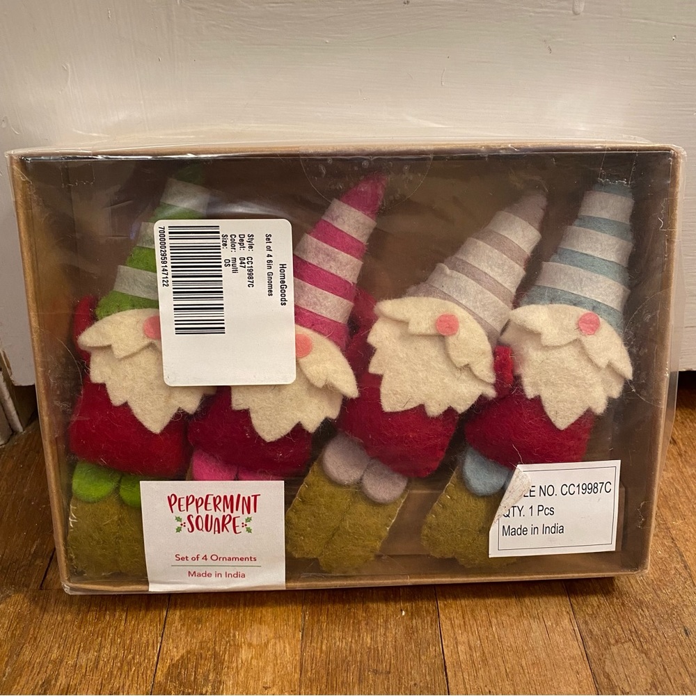 Peppermint square felt gnome ornaments